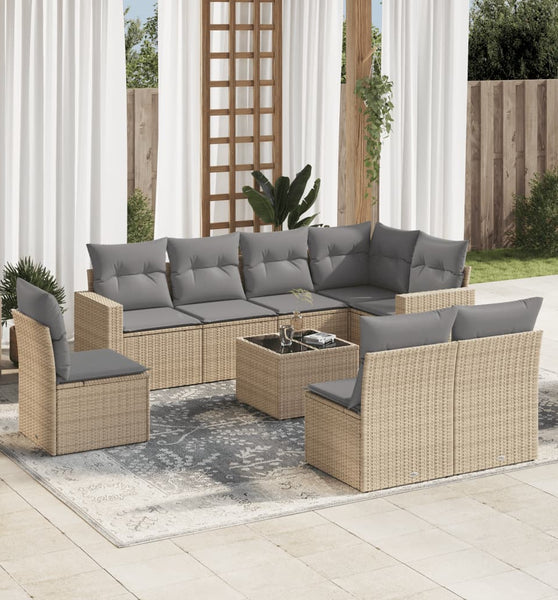 9-tlg. Garten-Sofagarnitur mit Kissen Beige Poly Rattan