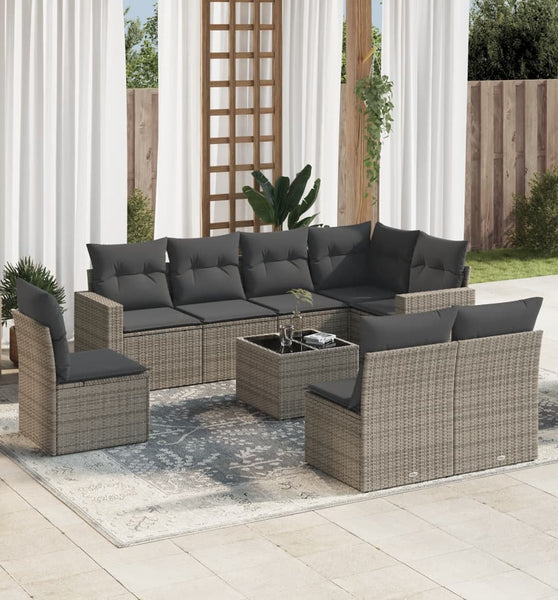 9-tlg. Garten-Sofagarnitur mit Kissen Grau Poly Rattan