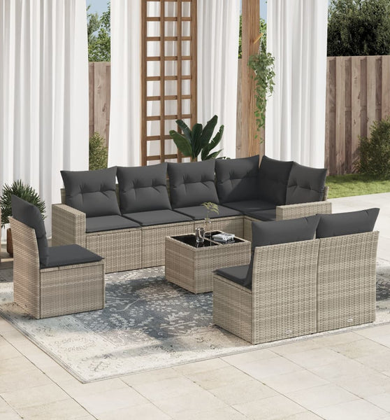 9-tlg. Garten-Sofagarnitur mit Kissen Hellgrau Poly Rattan