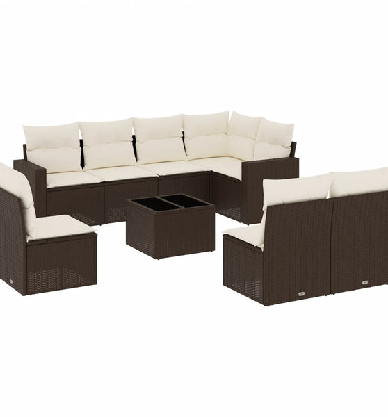 9-tlg. Garten-Sofagarnitur mit Kissen Braun Poly Rattan