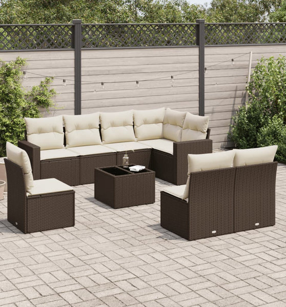 9-tlg. Garten-Sofagarnitur mit Kissen Braun Poly Rattan