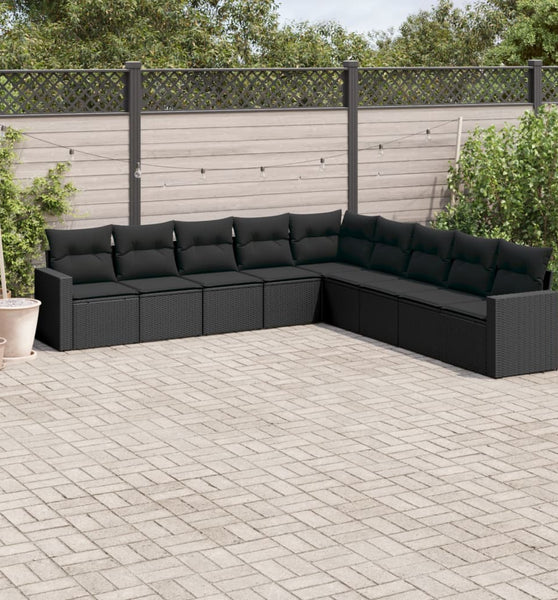 9-tlg. Garten-Sofagarnitur mit Kissen Schwarz Poly Rattan