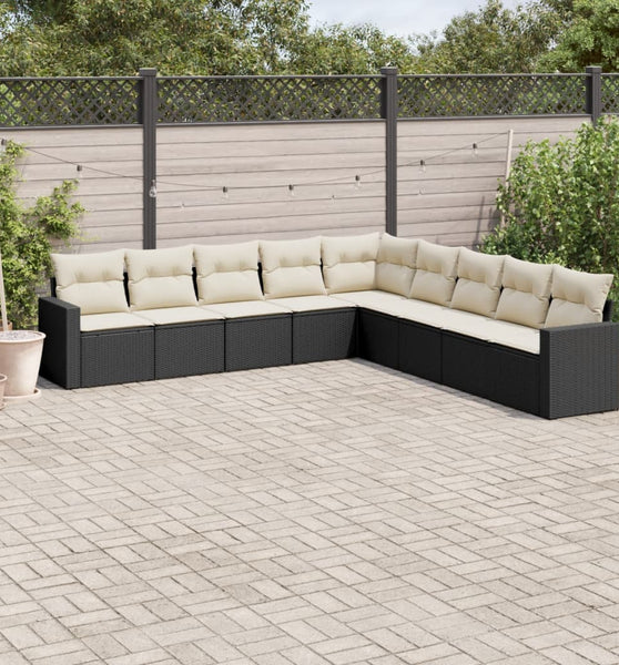 9-tlg. Garten-Sofagarnitur mit Kissen Schwarz Poly Rattan