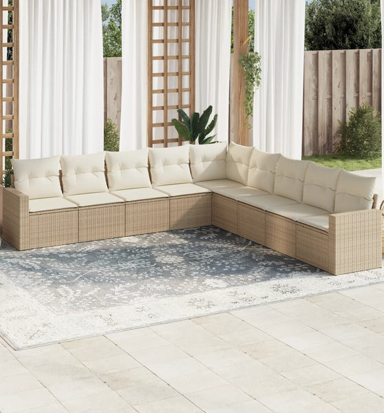 9-tlg. Garten-Sofagarnitur mit Kissen Beige Poly Rattan