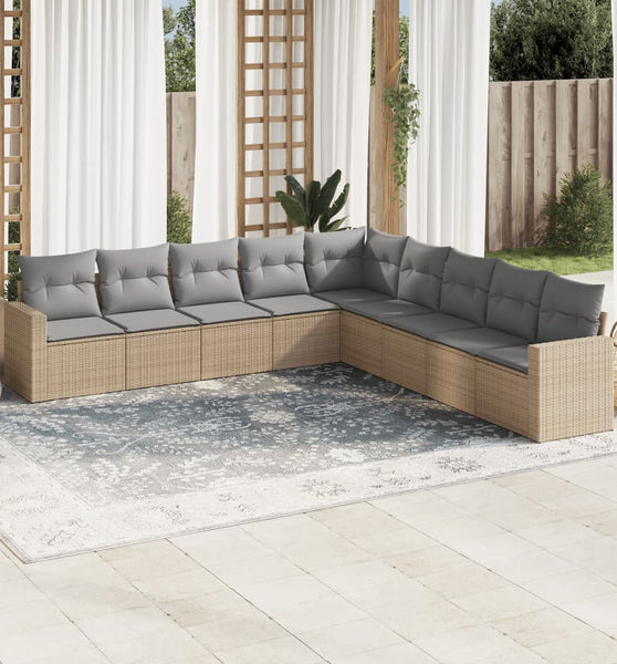 9-tlg. Garten-Sofagarnitur mit Kissen Beige Poly Rattan