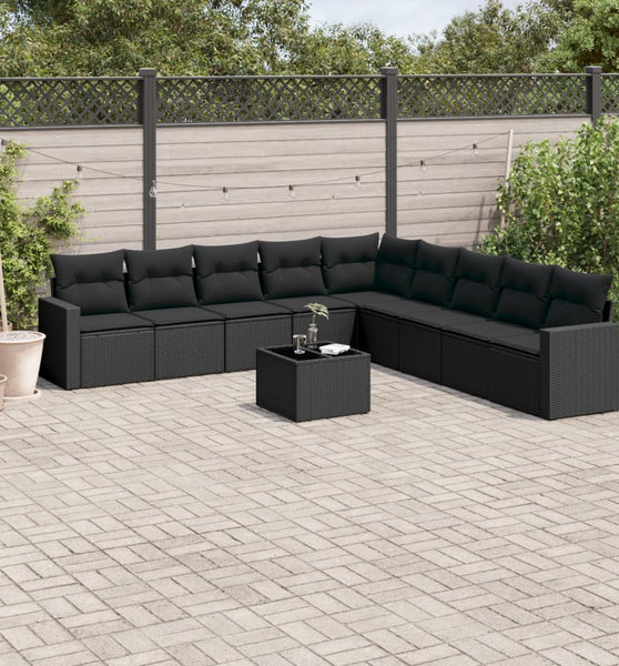 10-tlg. Garten-Sofagarnitur mit Kissen Schwarz Poly Rattan