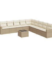 10-tlg. Garten-Sofagarnitur mit Kissen Beige Poly Rattan