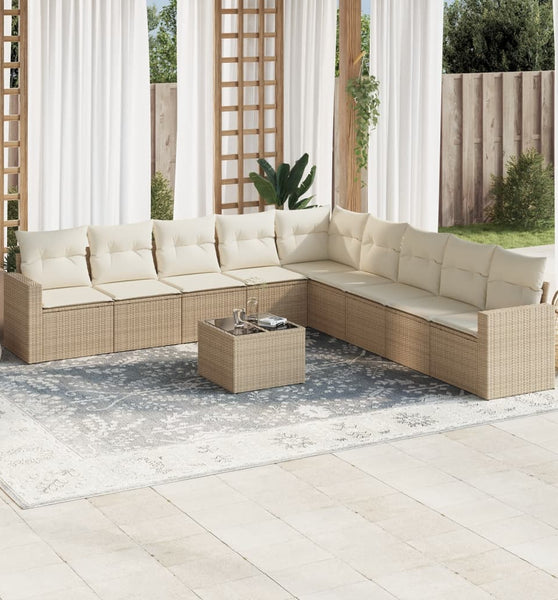 10-tlg. Garten-Sofagarnitur mit Kissen Beige Poly Rattan