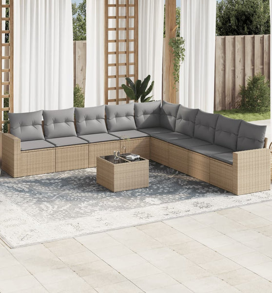 10-tlg. Garten-Sofagarnitur mit Kissen Beige Poly Rattan