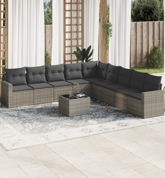 10-tlg. Garten-Sofagarnitur mit Kissen Grau Poly Rattan