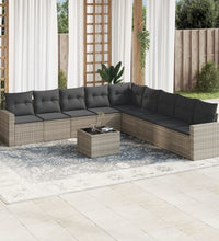 10-tlg. Garten-Sofagarnitur mit Kissen Hellgrau Poly Rattan