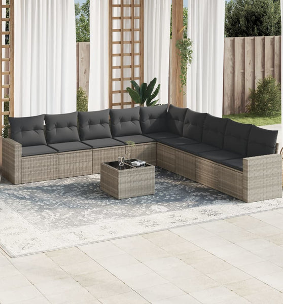 10-tlg. Garten-Sofagarnitur mit Kissen Hellgrau Poly Rattan