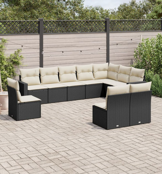 10-tlg. Garten-Sofagarnitur mit Kissen Schwarz Poly Rattan