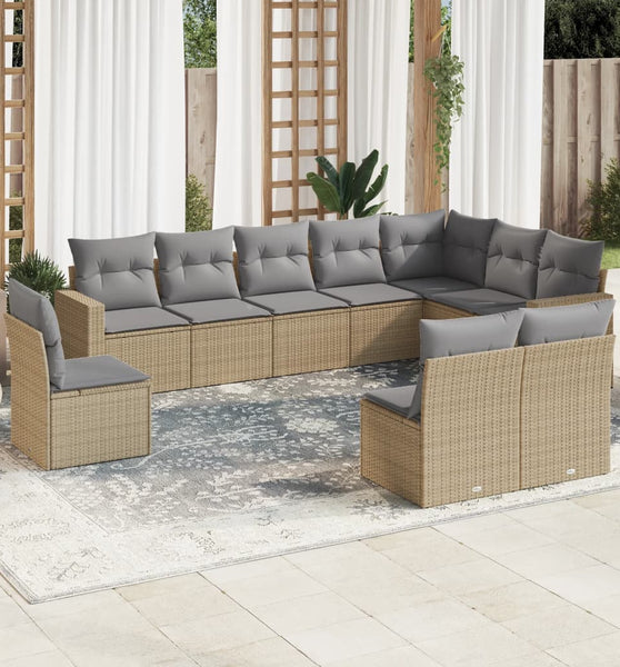 10-tlg. Garten-Sofagarnitur mit Kissen Beige Poly Rattan