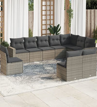 10-tlg. Garten-Sofagarnitur mit Kissen Grau Poly Rattan