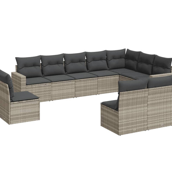 10-tlg. Garten-Sofagarnitur mit Kissen Hellgrau Poly Rattan