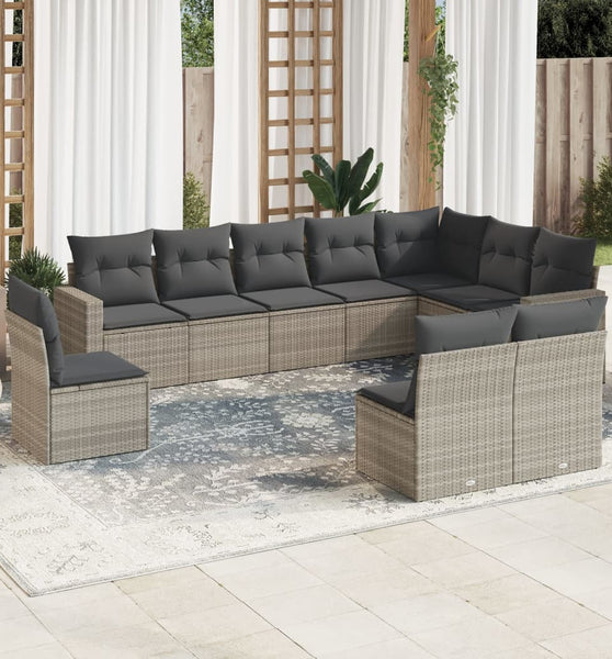 10-tlg. Garten-Sofagarnitur mit Kissen Hellgrau Poly Rattan