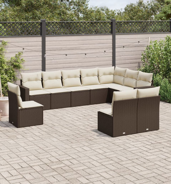 10-tlg. Garten-Sofagarnitur mit Kissen Braun Poly Rattan