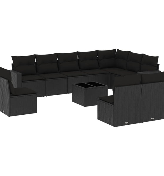 11-tlg. Garten-Sofagarnitur mit Kissen Schwarz Poly Rattan