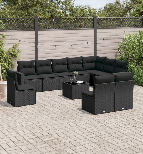 11-tlg. Garten-Sofagarnitur mit Kissen Schwarz Poly Rattan