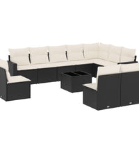 11-tlg. Garten-Sofagarnitur mit Kissen Schwarz Poly Rattan