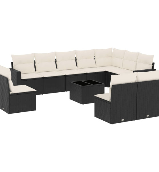 11-tlg. Garten-Sofagarnitur mit Kissen Schwarz Poly Rattan
