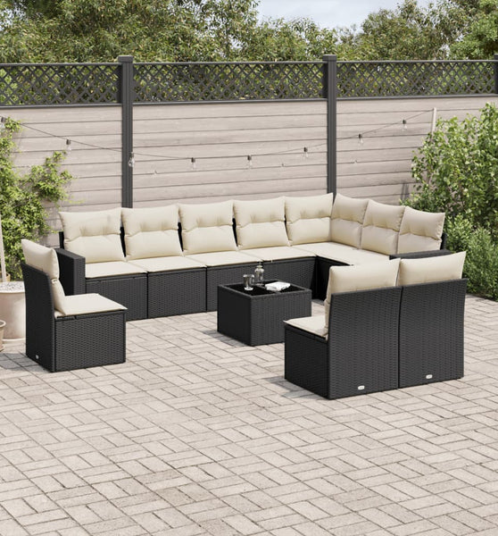 11-tlg. Garten-Sofagarnitur mit Kissen Schwarz Poly Rattan
