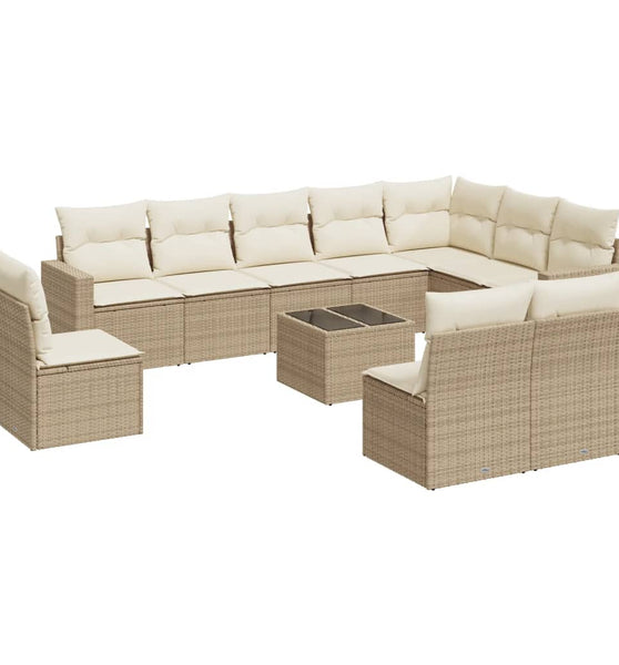 11-tlg. Garten-Sofagarnitur mit Kissen Beige Poly Rattan