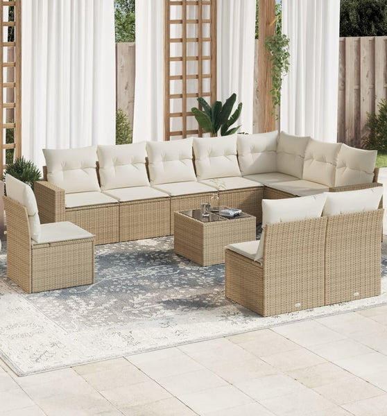 11-tlg. Garten-Sofagarnitur mit Kissen Beige Poly Rattan