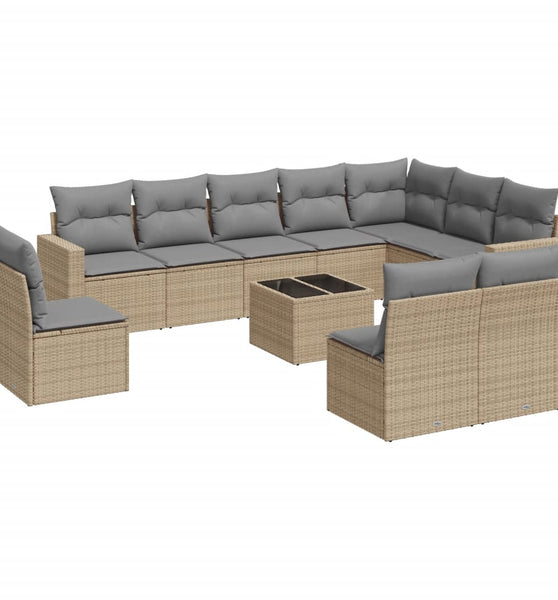 11-tlg. Garten-Sofagarnitur mit Kissen Beige Poly Rattan