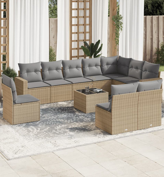 11-tlg. Garten-Sofagarnitur mit Kissen Beige Poly Rattan