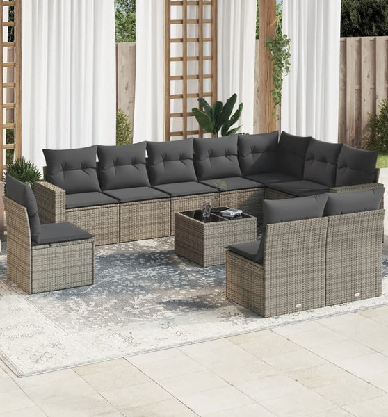 11-tlg. Garten-Sofagarnitur mit Kissen Grau Poly Rattan