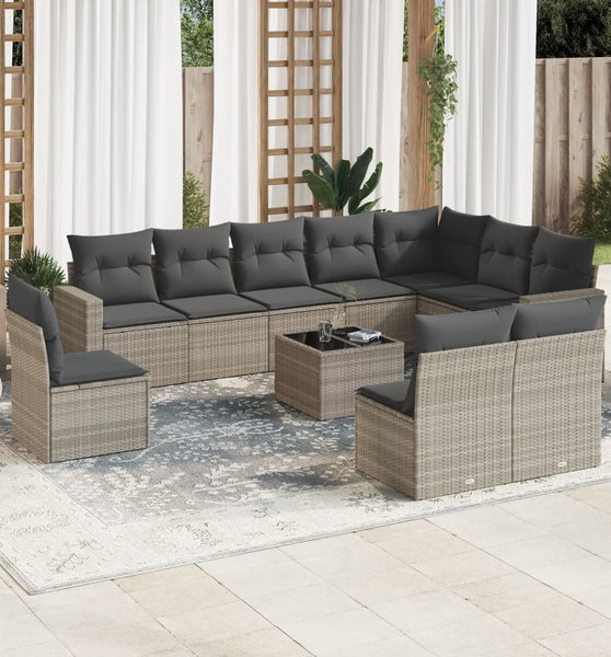 11-tlg. Garten-Sofagarnitur mit Kissen Hellgrau Poly Rattan