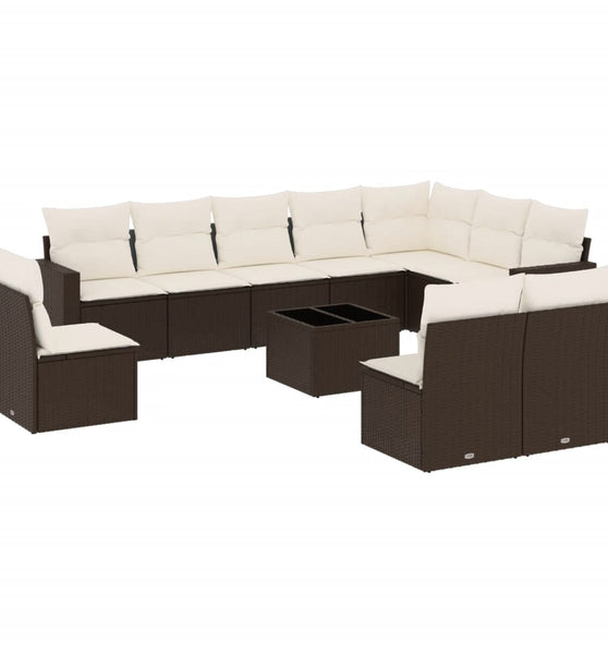 11-tlg. Garten-Sofagarnitur mit Kissen Braun Poly Rattan