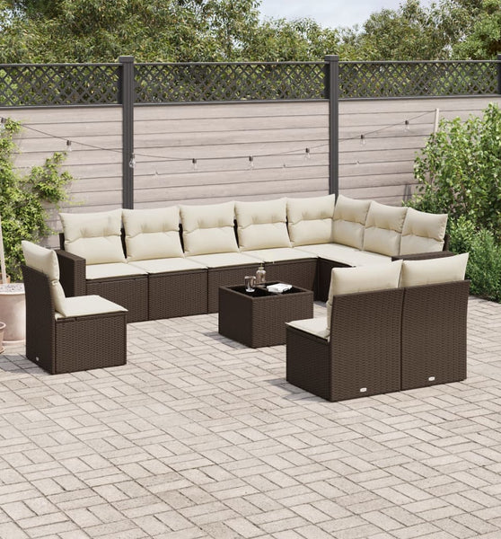 11-tlg. Garten-Sofagarnitur mit Kissen Braun Poly Rattan