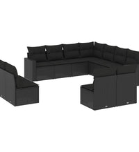 11-tlg. Garten-Sofagarnitur mit Kissen Schwarz Poly Rattan