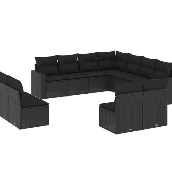 11-tlg. Garten-Sofagarnitur mit Kissen Schwarz Poly Rattan