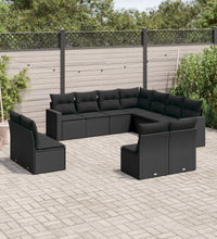 11-tlg. Garten-Sofagarnitur mit Kissen Schwarz Poly Rattan