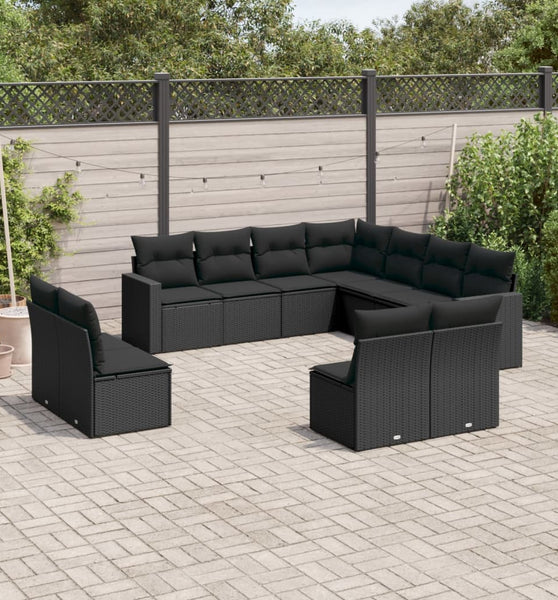 11-tlg. Garten-Sofagarnitur mit Kissen Schwarz Poly Rattan