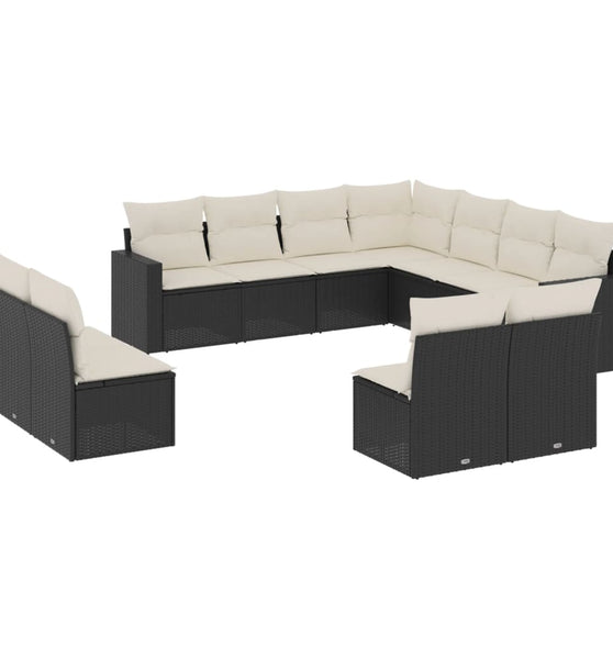 11-tlg. Garten-Sofagarnitur mit Kissen Schwarz Poly Rattan