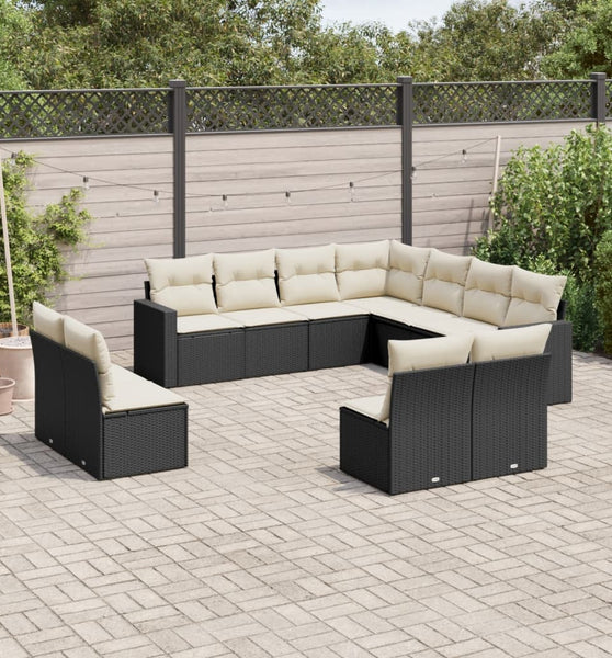 11-tlg. Garten-Sofagarnitur mit Kissen Schwarz Poly Rattan