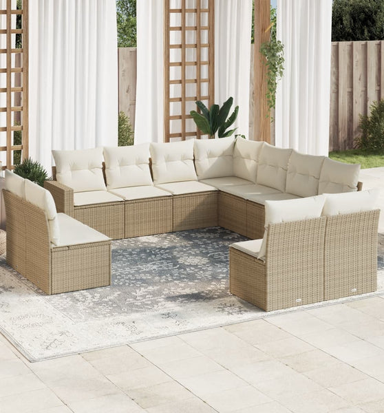 11-tlg. Garten-Sofagarnitur mit Kissen Beige Poly Rattan