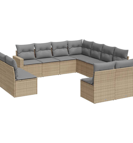 11-tlg. Garten-Sofagarnitur mit Kissen Beige Poly Rattan