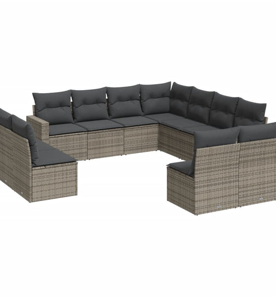 11-tlg. Garten-Sofagarnitur mit Kissen Grau Poly Rattan