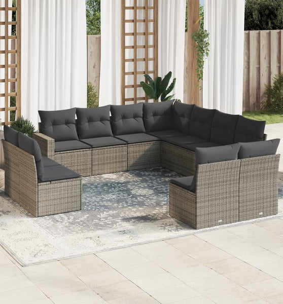 11-tlg. Garten-Sofagarnitur mit Kissen Grau Poly Rattan