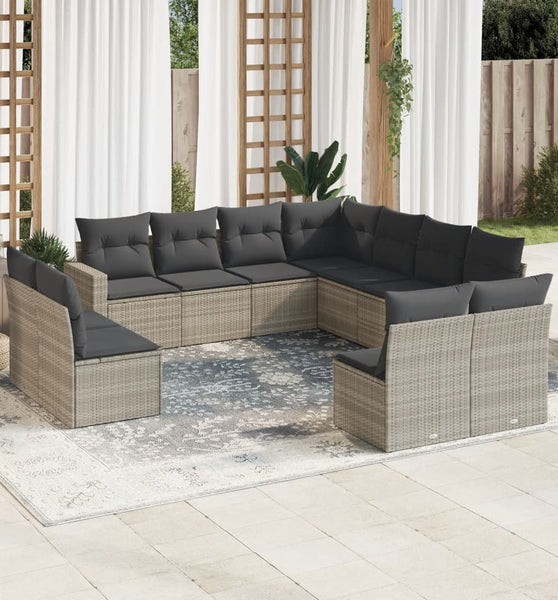11-tlg. Garten-Sofagarnitur mit Kissen Hellgrau Poly Rattan