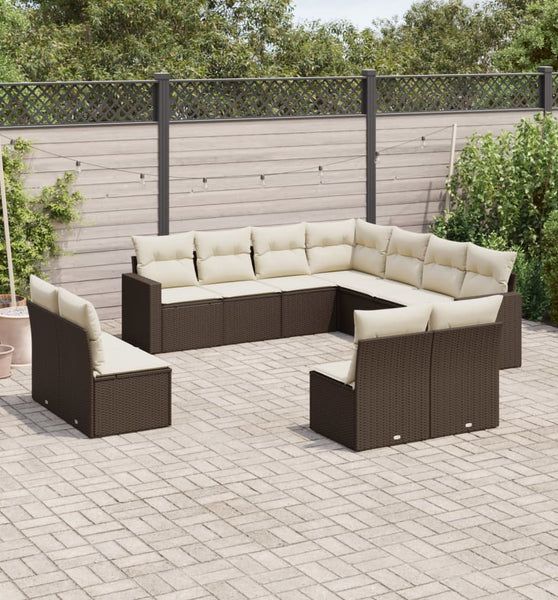 11-tlg. Garten-Sofagarnitur mit Kissen Braun Poly Rattan