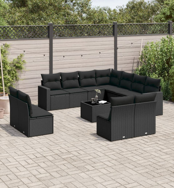 12-tlg. Garten-Sofagarnitur mit Kissen Schwarz Poly Rattan