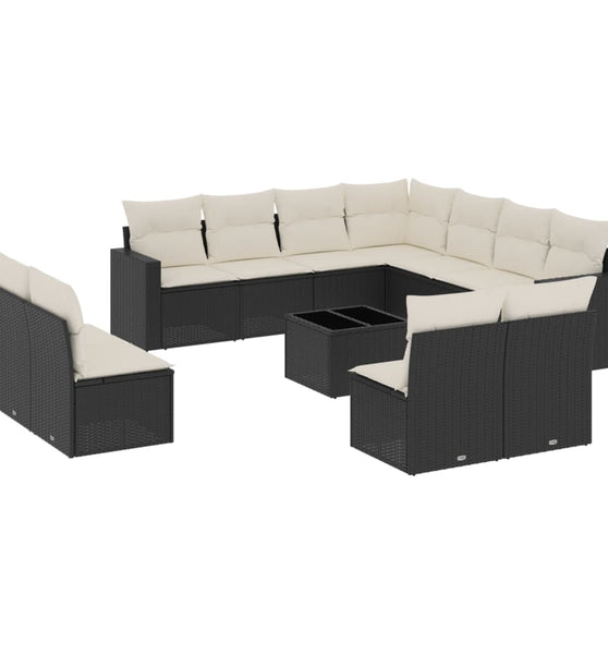 12-tlg. Garten-Sofagarnitur mit Kissen Schwarz Poly Rattan