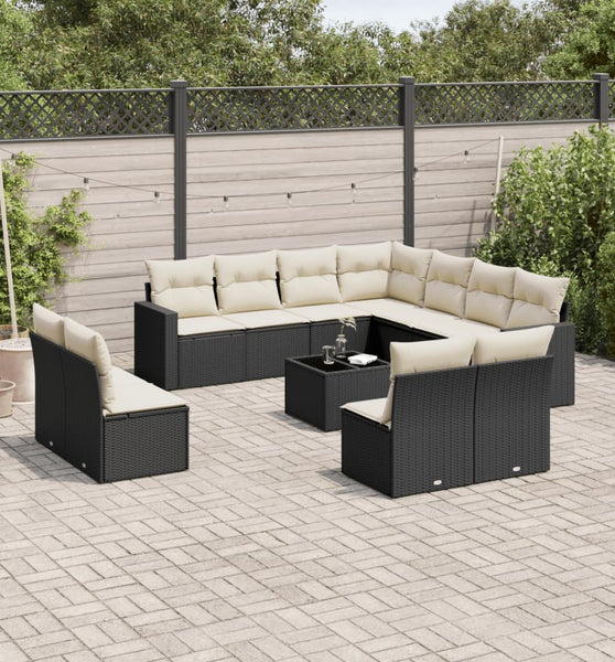 12-tlg. Garten-Sofagarnitur mit Kissen Schwarz Poly Rattan